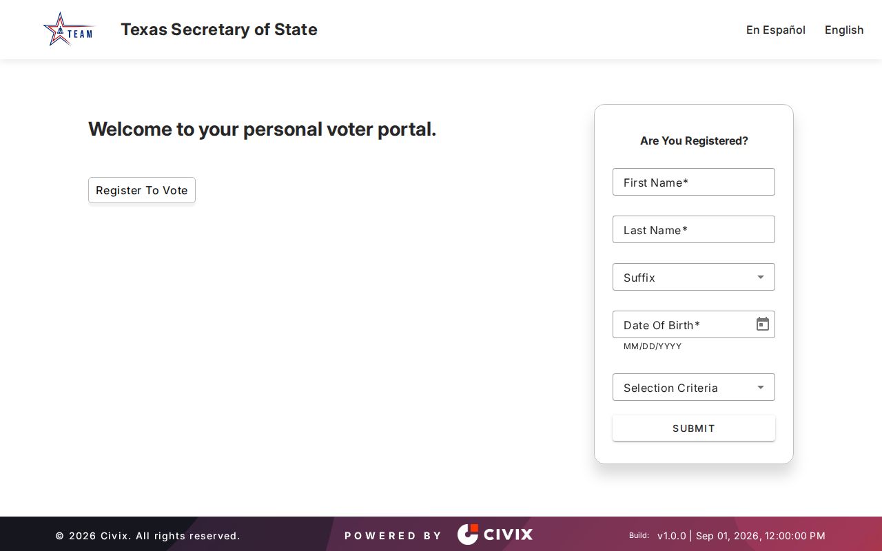 Huntsville residents directory Texas My Voter Portal access screen